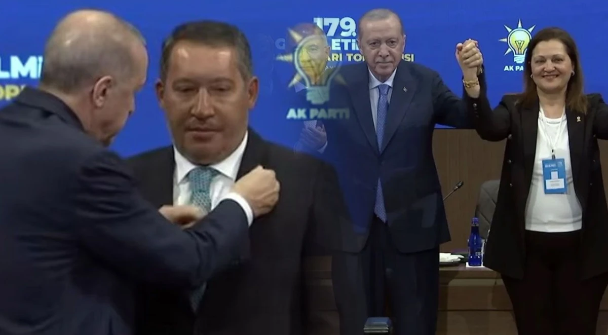 Cumhurbaşkanı Erdoğan&rsquo;dan Burcu K&ouml;ksal ve Veysel Top&ccedil;u&rsquo;ya AK Parti Rozeti